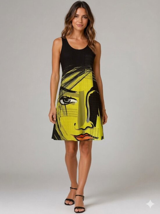 VOLT Dresses & Skirts - Volt Design Wearable Art‎ Abstract Face Print Sheath Dress - Size 2